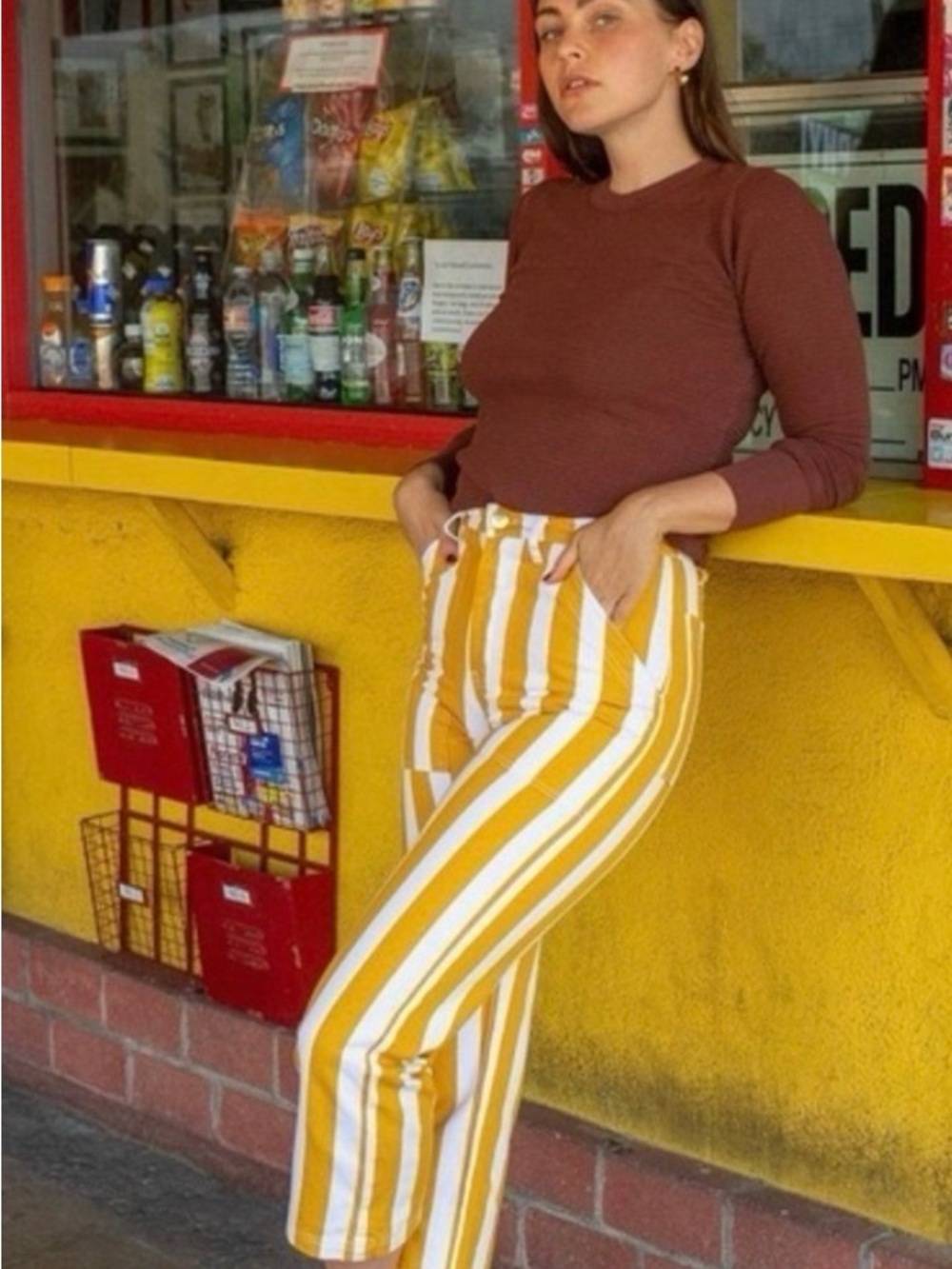 Big Bud Press work pants in yellow and white stripe
